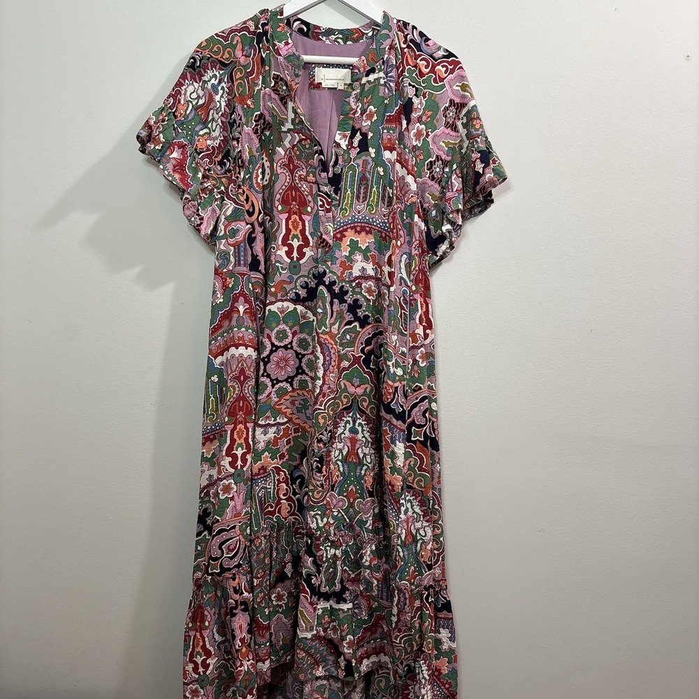 Anthropologie Antoinette Pink Paisley Boho Floral Maxi‎ Shirt Dress Relaxed Boho